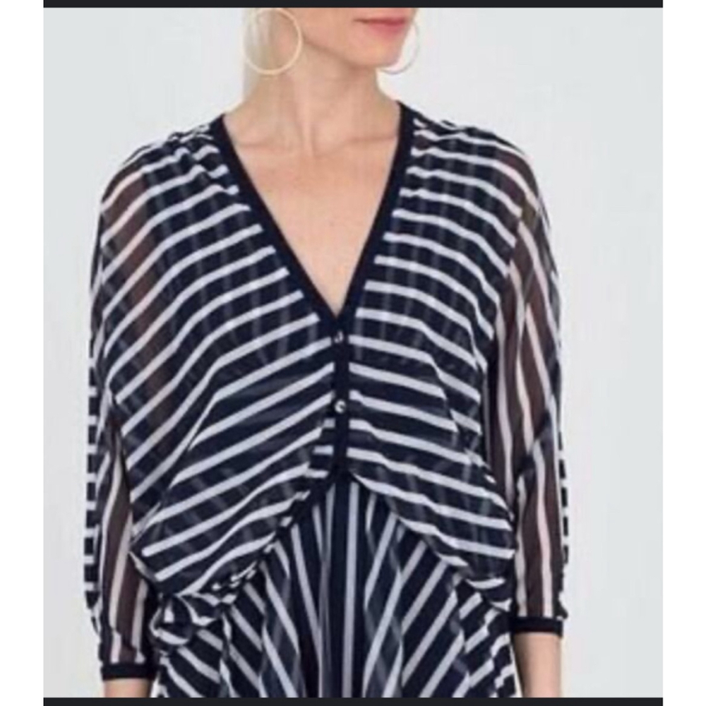 Fuzzi Navy White Striped Sheer Blouse M Y2K Jean Paul Gauthier